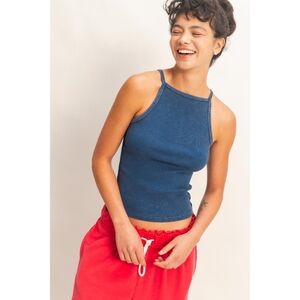 Double Zero Navy Square Neck Ribbed Halter Mineral Wash Cotton Blend Tank Top